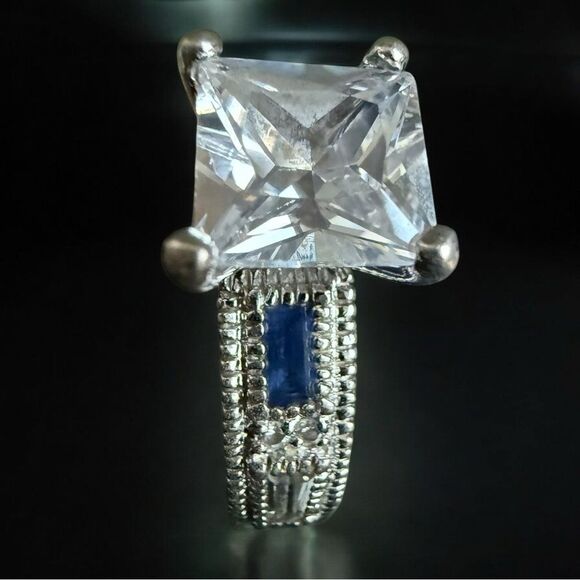 Large Princess Cut CZ Ring with Blue Accent Stones – Size 8 Bold Glam Look - Picture 5 of 17